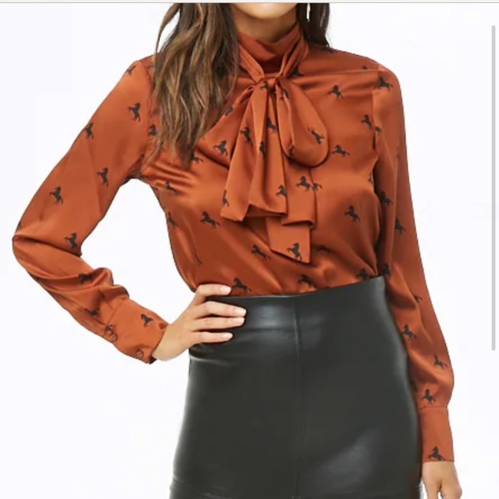 NWT Forever 21 Horse-print Mock-neck Satin Shirt